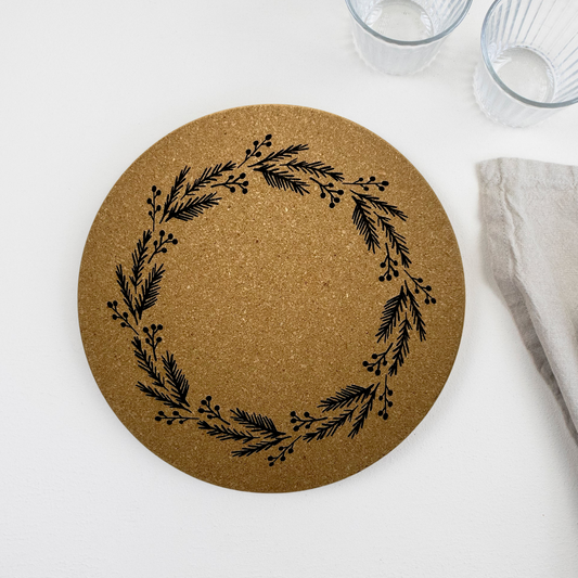 Pine and Berry Wreath Cork trivet set of 2