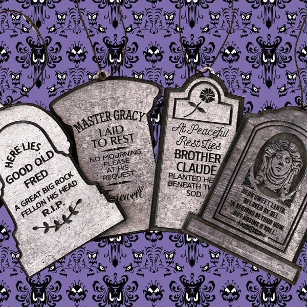 Set Of 4 Haunted Mansion Tombstone Ornaments