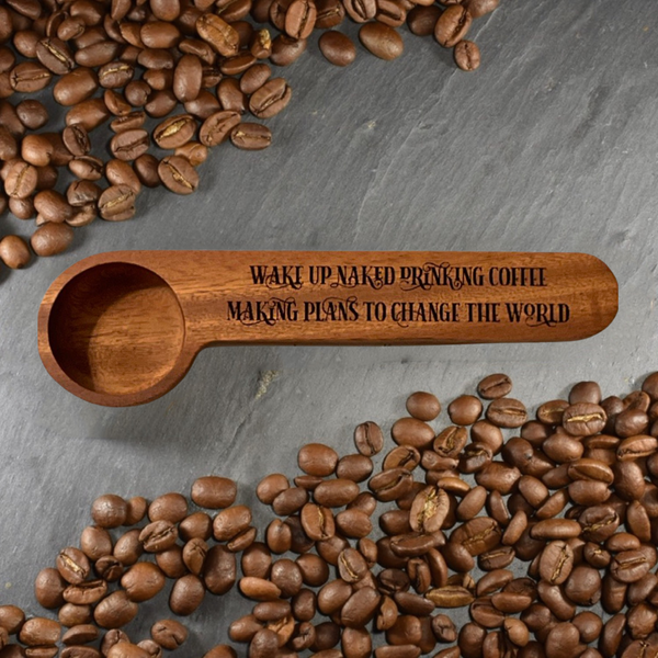 Wood engraved coffee clip scoop